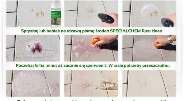Demonstracja chemicznego usuwania rdzy z kostki brukowej za pomocą SPECIALCHEM Rust clean. Efekty widoczne po spryskaniu, szczotkowaniu i spłukaniu.