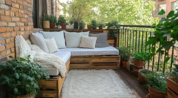 Przytulny balkon z sofą z palet i mnóstwem roślin. Idealne miejsce, by dowiedzieć się, jak osłonić balkon i stworzyć zieloną oazę.