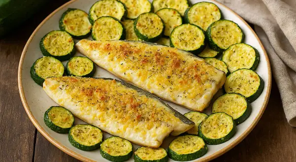 Due filetti di branzino in friggitrice ad aria, dorati e croccanti, serviti con zucchine a rondelle.