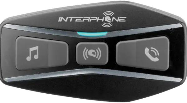 Interkom motocyklowy Interphone z przyciskami muzyki, interkomu i telefonu.