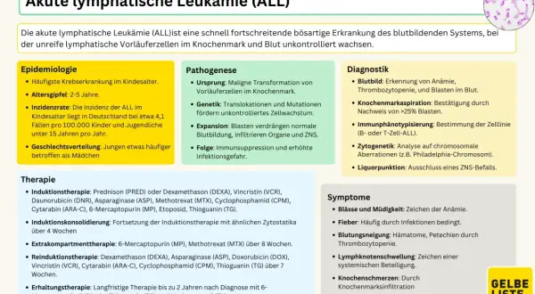 Infografik über akute lymphatische Leukämie (ALL), eine aggressive Krebserkrankung. Beschreibt Epidemiologie, Pathogenese, Diagnostik, Therapie und Symptome. Leukämie Stadium 4 ist hier nicht explizit erwähnt, aber die aggressive Natur der Krankheit wi...