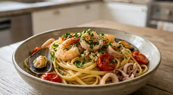 Un plat de pâtes aux fruits de mer, garni de crevettes, calamars, moules et tomates cerises, parsemé de persil frais.