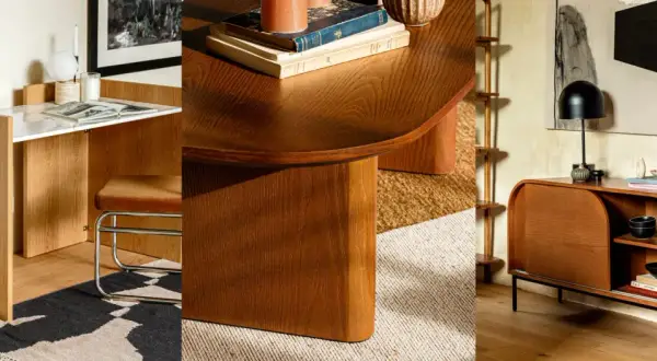 Arredamento in legno noce con dettagli in marmo e metallo. Idee per colori da abbinare al legno noce: bianco, nero, tonalità terra e accenti di colore.