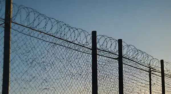 Ogrodzenie z siatki z drutem kolczastym na górze, przypominające o przepisach dotyczących bezpieczeństwa.