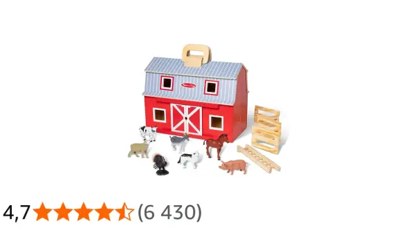 Drewniana stodola Melissa & Doug z figurkami zwierząt: krowa, koza, koń, owca, pies, indyk i świnka.