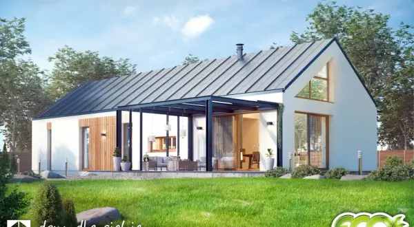 Nowoczesny bungalow z przeszklonym tarasem i dużymi oknami. Idealny dom dla Ciebie, jeśli szukasz komfortu i stylu.