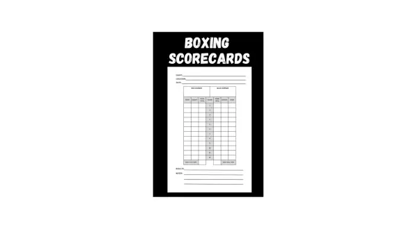 A boxing score card template with fields for event, location, date, and round-by-round scoring for red and blue corners.
