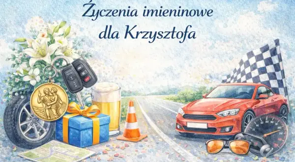 Życzenia imieninowe dla Krzysztofa: sportowy samochód, kluczyki, kufel piwa i prezent.