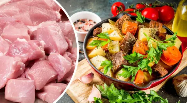 Świeże, pokrojone w kostkę mięso wieprzowe obok aromatycznego gulaszu z warzywami, idealne na sos z szynki wieprzowej.
