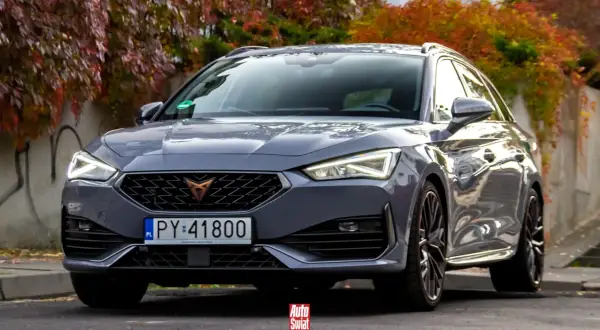 Szary Cupra kombi z jesiennymi liśćmi w tle.