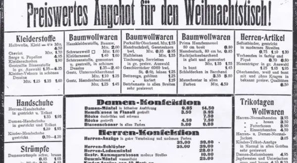 Preise von 1923: Kleider, Stoffe, Herren-Artikel. Ein Blick auf die Hyperinflation 1923.