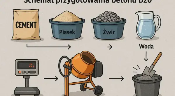 Schemat przygotowania betonu B20: cement, piasek, żwir i woda są ważone i mieszane w betoniarce.