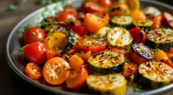 Assiette de **légumes grillés au four** : tomates cerises, courgettes et poivrons, parsemés d'herbes fraîches.