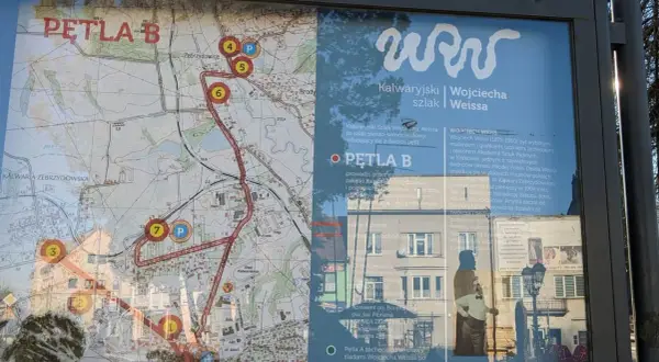 Kalwaria Zebrzydowska atrakcje: mapa szlaku Wojciecha Weissa, pętla B pieszo-samochodowa. Odkryj zakątki i zabytki.