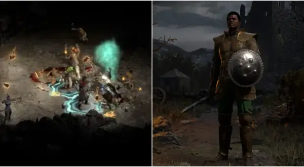 Paladyn z Diablo 2 w zbroi, walczący z potworami w jaskini i stojący na tle zamku.