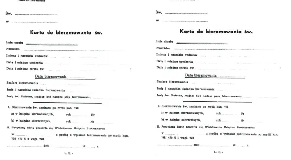 Karta do bierzmowania św. z Archidiecezji Gdańskiej, zawiera dane kandydata, rodziców, świadków i datę sakramentu.