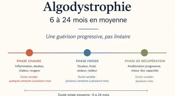 Schéma des phases de l'algodystrophie : chaude, froide, récupération. Le temps de guérison algodystrophie est en moyenne de 6 à 24 mois.