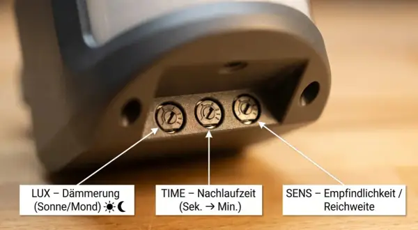 Nahaufnahme von drei Einstellrädern an einem Bewegungsmelder: LUX (Dämmerung), TIME (Nachlaufzeit) und SENS (Empfindlichkeit/Reichweite). So lässt sich der Bewegungsmelder einstellen.