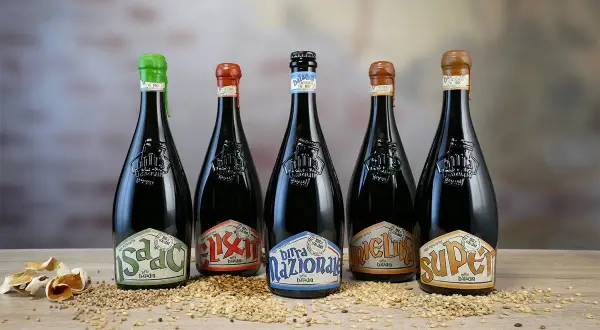 Cinque bottiglie di birra Baladin, tra le migliori birre artigianali italiane, disposte su un letto di cereali.