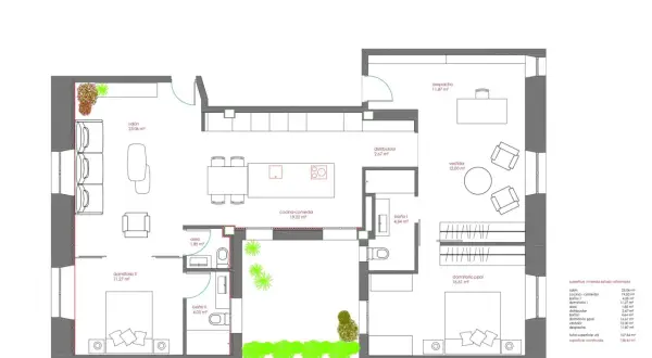 Plano de reforma con ideas para unir dos casas: salón, cocina-comedor, dormitorios, baños, vestidor y despacho.
