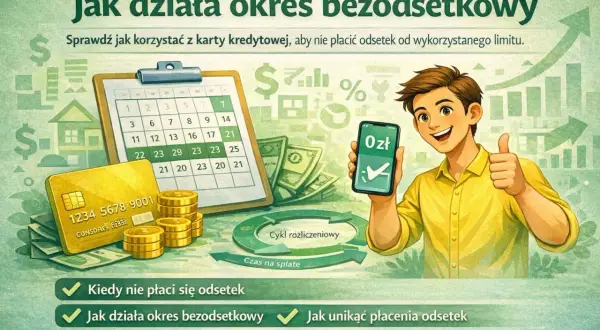 Młody mężczyzna pokazuje telefon z 0 zł i kciukiem w górę, obok karta kredytowa, pieniądze i kalendarz. Ilustracja wyjaśnia wariacje okresu bezodsetkowego.