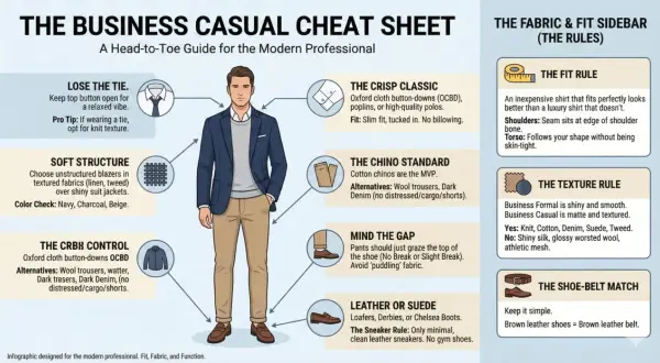 Mann im **Business Casual Attire**: dunkelblaues Sakko, graues Hemd, Khaki-Hosen, braune Loafer. Tipps für Passform und Stoff.