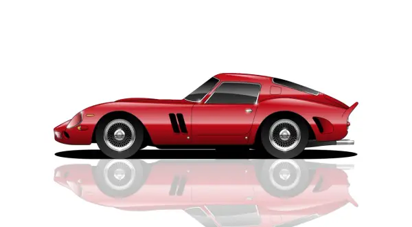 Un icónico Ferrari de los años 70, rojo brillante, con su reflejo perfecto.