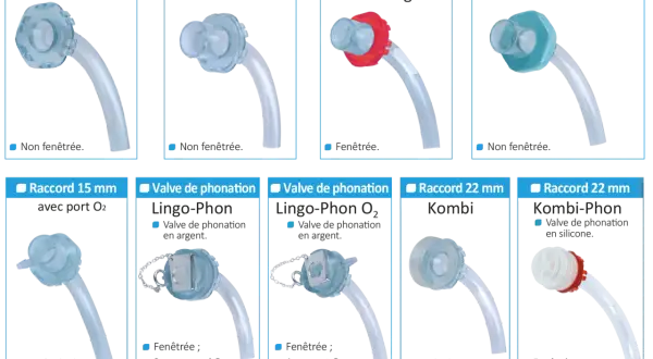 Divers raccords de canules, certains avec valves de phonation, illustrent c'est quoi une canule.