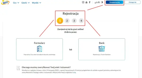 Formularz rejestracji na Lotto.pl z opcjami przez formularz lub bank.