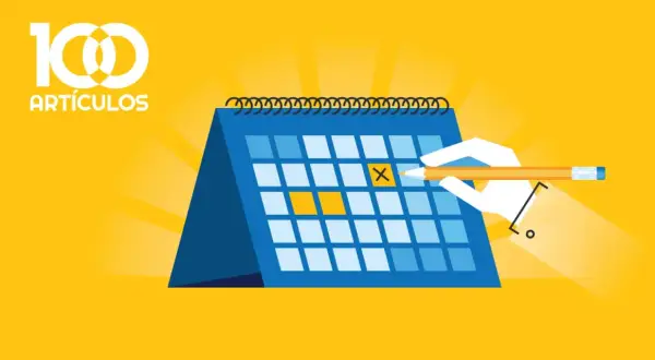 Un calendario anual muestra un día marcado con una X. El texto "100 ARTÍCULOS" aparece en la esquina superior izquierda.