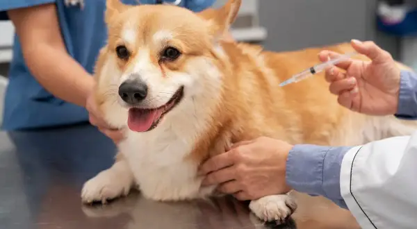 Weterynarz podaje corgi zastrzyk. Szczepienie psa na wściekliznę jest ważne, choć mogą wystąpić skutki uboczne.