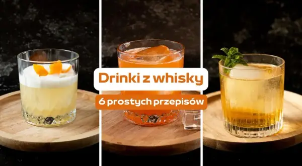 Trzy drinki z whisky: jeden z pianką i skórką pomarańczy, drugi pomarańczowy z lodem, trzeci złoty z miętą.