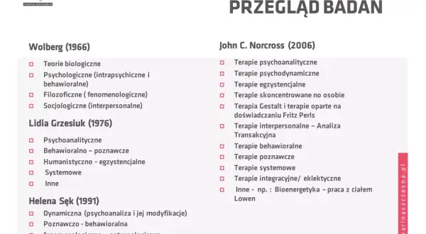 Przegląd badań: różne nurty psychoterapii według Wolberga, Grzesiuk i Norcrossa.
