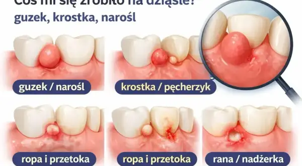 Ruchoma kulka w policzku? Ilustracja pokazuje różne zmiany na dziąśle: guzek, krostkę, ropień i ranę.