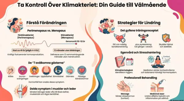 Grafik om klimakteriet, dess faser, symptom som viktuppgång, och strategier för lindring genom träning, egenvård och behandling.