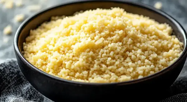 En skål med fluffig, gyllene bulgur, redo att koka. Perfekt som tillbehör till din måltid.