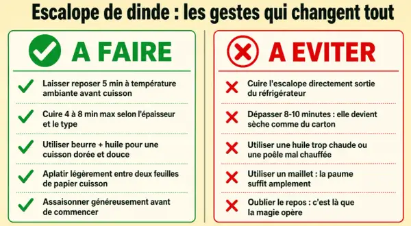 Conseils pour une escalope de dinde parfaite : à faire et à éviter. Laissez reposer, cuisez juste ce qu'il faut, utilisez beurre et huile, aplatissez et assaisonnez. Évitez le froid, la surcuisson, la mauvaise huile et le manque de repos.
