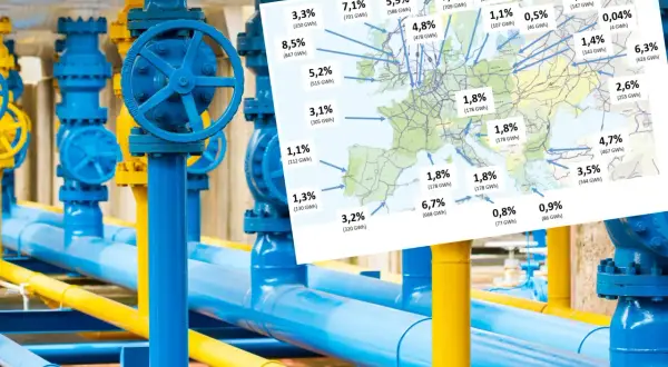 Mapa pokazuje skąd Polska bierze gaz, z widocznymi rurociągami i procentowym udziałem dostaw.