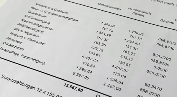 Eine Vorlage Nebenkostenabrechnung mit detaillierten Kostenaufschlüsselungen für Gebäudeversicherung, Grundsteuer, Heizung, Wasser und mehr.