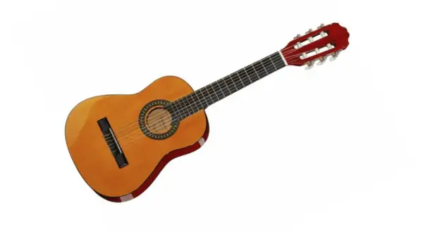 Eine klassische Gitarre mit hellem Holzkorpus und rotem Kopf. Die Gitarre 1/8 ist bereit für erste Melodien.