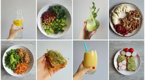 Zdrowe posiłki na płaski brzuch: woda z cytryną, sałatka, smoothie, kanapki i dania z warzywami.