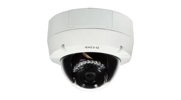 Caméra de surveillance D-Link blanche, type dôme, avec lentille et LED infrarouges visibles. Une caméra WDR pour une vision claire.