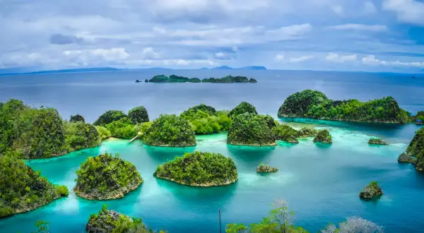 Rajskie krajobrazy Raja Ampat: bujne, zielone wyspy wyrastające z turkusowych wód, tworzące labirynt zatoczek i lagun.