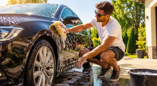 Mężczyzna w okularach przeciwsłonecznych myje czarny samochód gąbką, pokazując, jak myc auto. Słońce odbija się w mokrej karoserii.