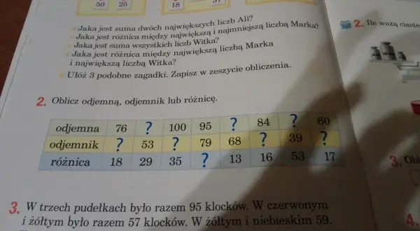 Tabela z liczbami i znakami zapytania, z nagłówkami "odjemna", "odjemnik", "różnica".