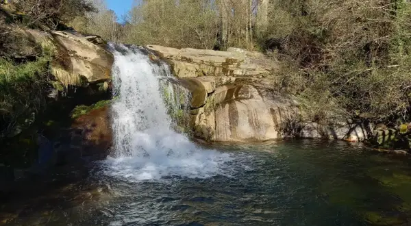 Cascada de agua blanca cayendo sobre rocas, formando pozas de melón en el río. Vegetación frondosa y árboles secos rodean el paisaje.
