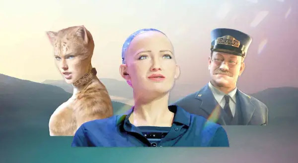 A drawing exploring the uncanny valley: a cat-woman hybrid, a robot, and a train conductor.