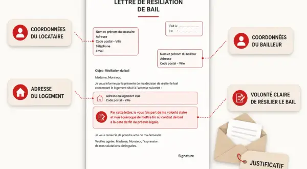Modèle de lettre de résiliation de bail, avec champs pour les coordonnées du locataire, du bailleur et l'adresse du logement.