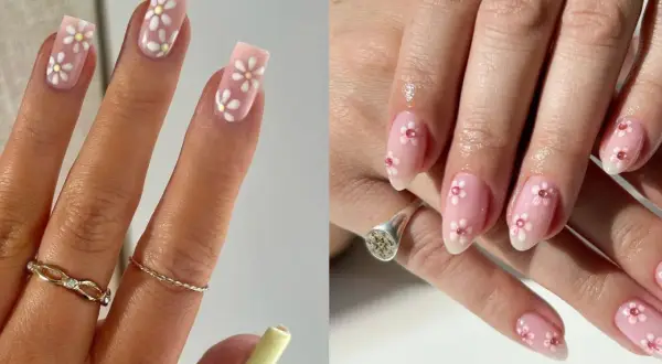 Jolis ongles avec nail art fleurs blanches et jaunes sur fond rose pâle, et des fleurs roses sur d'autres ongles.