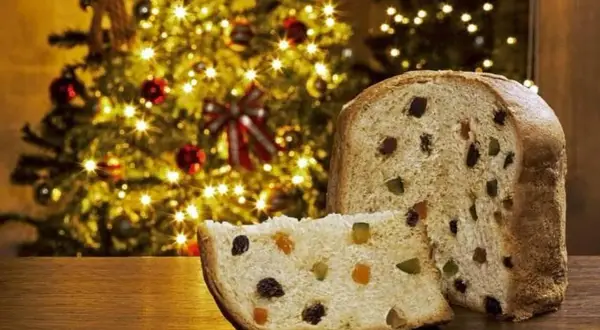 Un panettone, symbole de Noël, avec sa tranche coupée révélant fruits confits et raisins secs. Son origine italienne se célèbre devant un sapin illuminé.